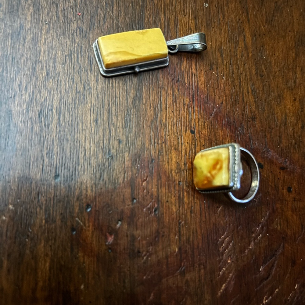 Amber Stone Pendant and Ring Set - Yellow .925 silver